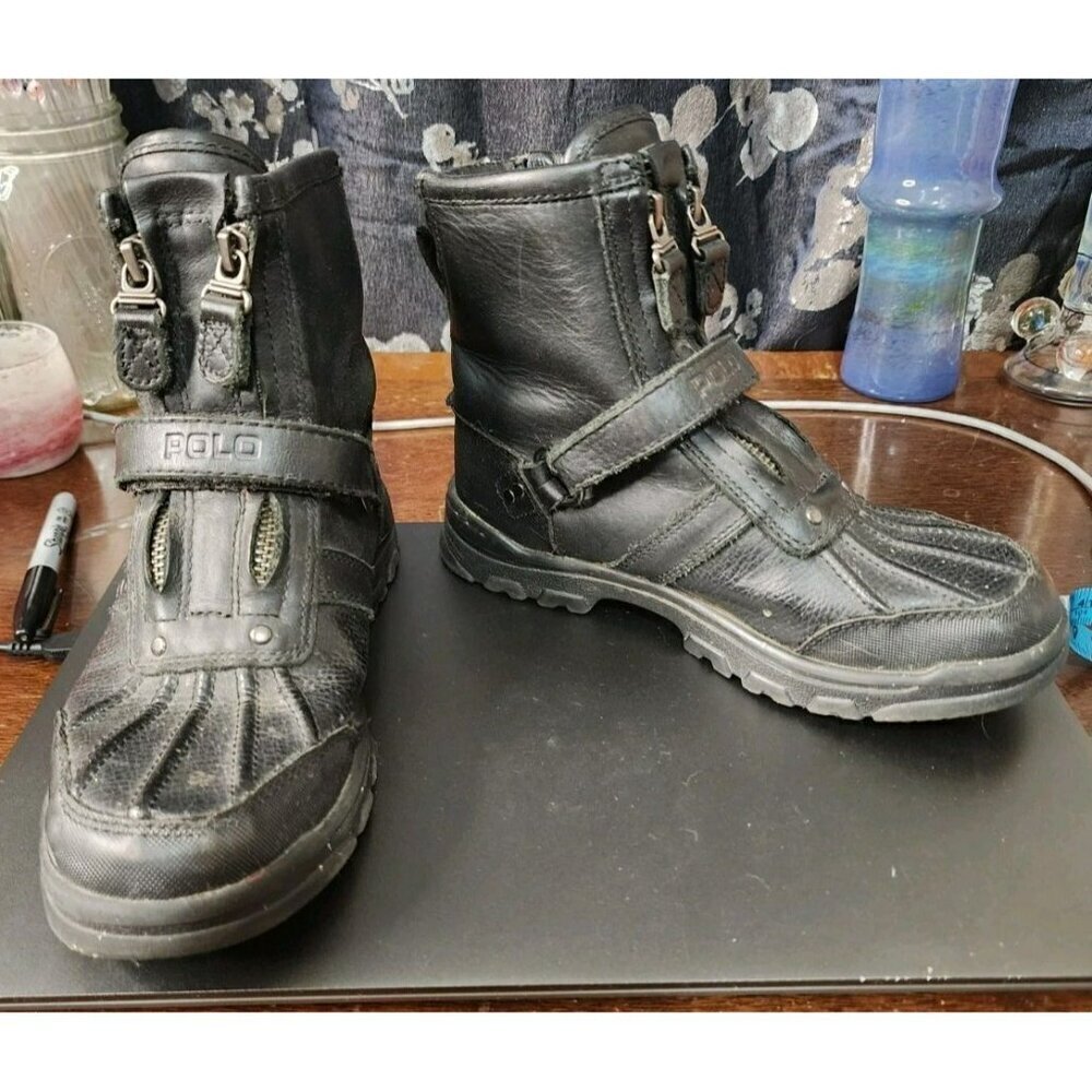 Polo Ralph Lauren Boys Conquest Hi II Black Leather Ankle Biker Boots Size 3